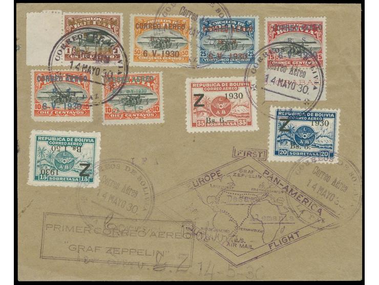 Bolivianische Post: Brief mit allen 3 Zeppelinmarken. sowie den Sonderflugmarken 5 Cts. auf 10 C.-1 Bol., dabei bis auf 50 C.