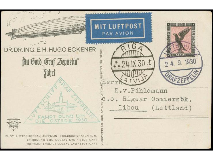 Ostseefahrt 1930, Abwurf Riga, Flugpost 1 M. auf Bordpostkarte