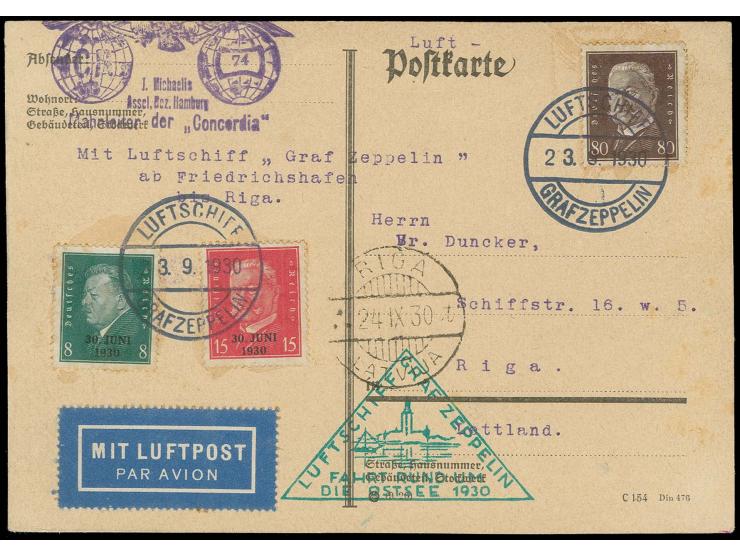 Ostseefahrt 1930, Abwurf Riga, u.a. Hindenburg 80 Pfg. auf Bordpostkarte, etwas fleckig