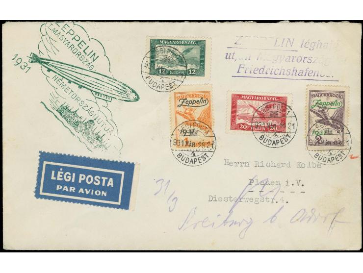 1931, Landungsfahrt nach Ungarn, ungarische Post, Brief der Rückfahrt mit beiden Zeppelinmarken, leicht fleckig, sonst in gut