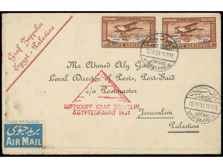 1931, Ägyptenfahrt, ägyptische Post, Brief (geringfügig fleckig) mit Zeppelin 50 und 100 M. mit Sonderstempel von Port Said n