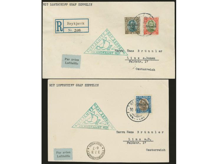 1931, Islandfahrt, Isländische Post, Karte mit Sondermarke 1 K. und R-Brief mit Sondermarken 2 K. und 30 A., je nach Linz add