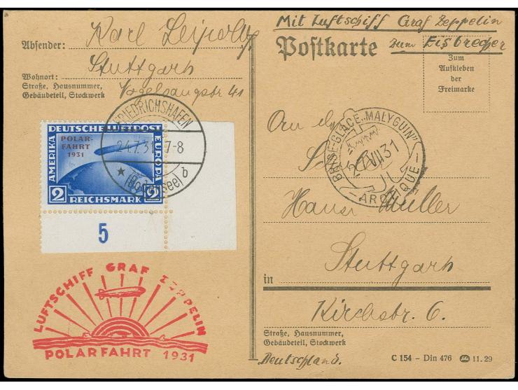 1931, Polarfahrt, Karte Auflieferung friedrichshafen mit Bogenecke 2M. bis "Malyguin"