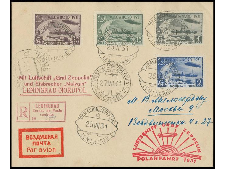 1931, Polarfahrt: UDSSR-Post mit Sonderstempel Leningrad: R-Brief mit kpl. gezähnten Satz nach Moskau, alle Stempel vordersei