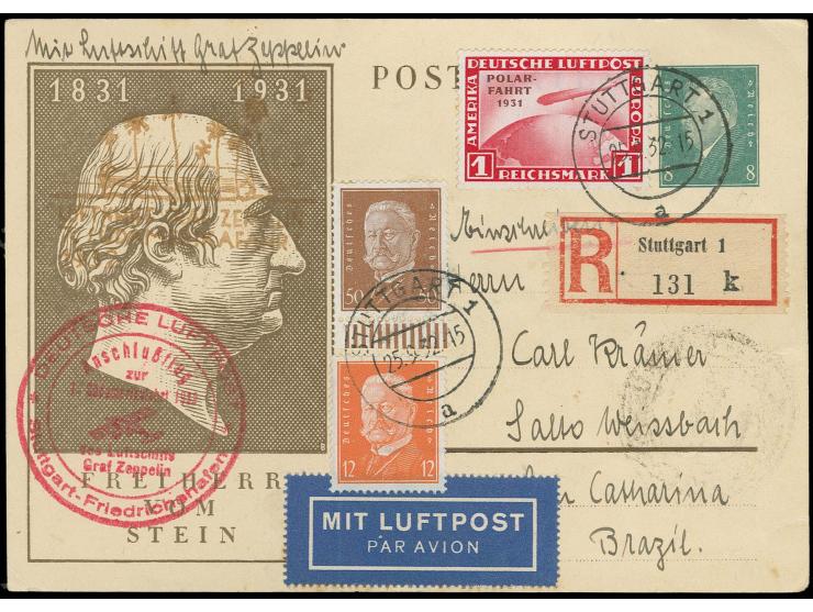 1932, 3. SAF, R-Karte nach Brasilien mit u.a. Polarfahrt 1M. und Anschlussflug-Bestätigungsstempel  "STUTTGART-FRIEDRICHSHAFE