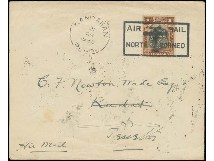 1930, Air/Sea Survey Flights of North Borneo, 1$ tied by black framed cachet "AIR MAIL NORTH BORNEO" to cover to Kudat, there