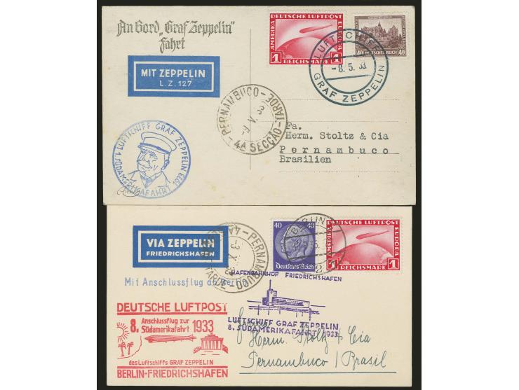 1933, 1. Südamerikafahrt, Karte mit u.a. 1 M. Zeppelin nach Brasilien sowie 8. Südamerikafahrt, Anschlussflug ab Berlin, Kart