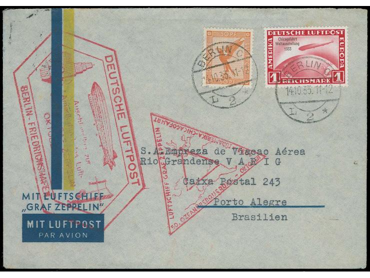 1933 Chicagofahrt: Anschlußflug ab Berlin: Brief mit u.a. Chicagofahrt 1 Rm. nach Brasilien, Marke oben minimal fleckig, sons