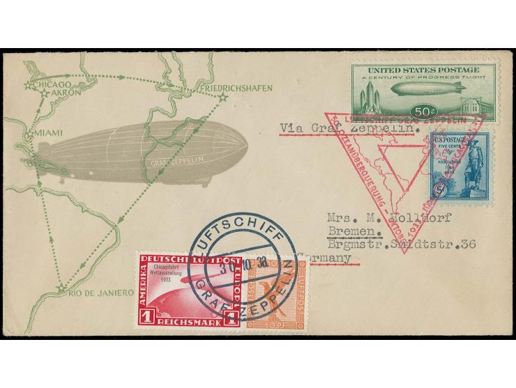 1933, Chicagofahrt: Etappenpost: Brief Akron-Sevilla mit u.a. Chicagofahrt 1 M. und Bordpoststempel vom 30.10. in MiF mit u.a