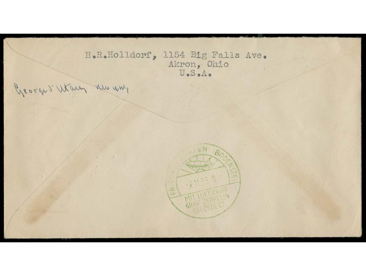 1933, Chicagofahrt: Etappenpost: Brief Akron-Sevilla mit u.a. Chicagofahrt 1 M. und Bordpoststempel vom 30.10. in MiF mit u.a