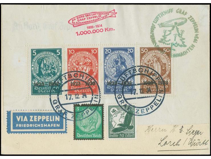1934, Weihnachtsfahrt, Bordpost der Rückfahrt, Karte mit Herzstück aus Nothilfeblock mit kleinem Bogenrand und Zufrankatur na