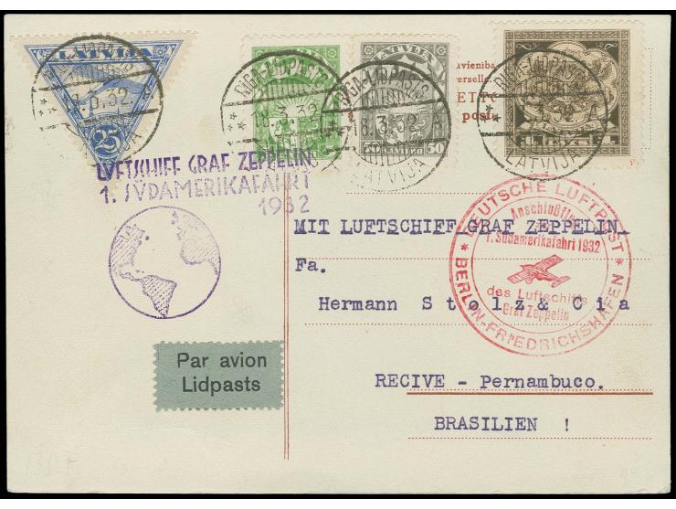 LETTLAND: 1932, 1. Südamerikafahrt, Karte mit Anschlußflug Berlin nach Recive, tadellos
