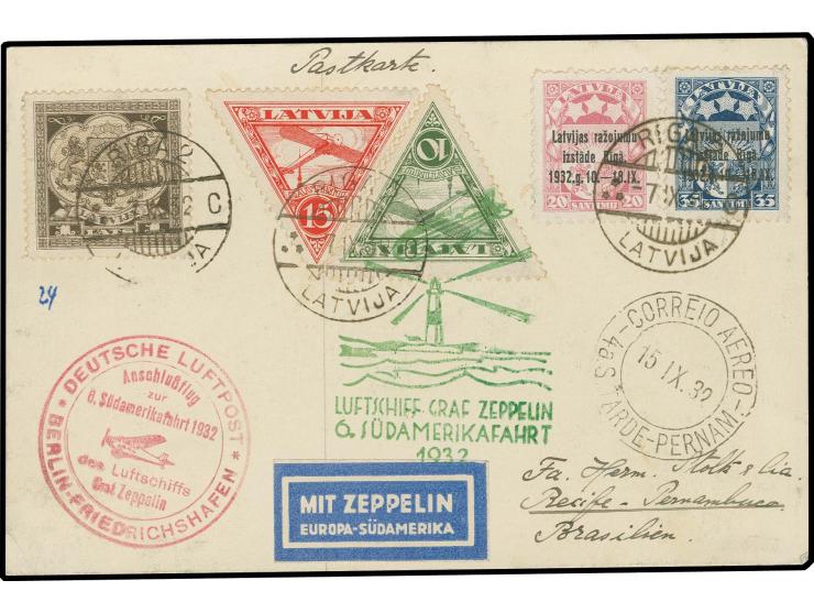 LETTLAND: 1932, 6. Südamerikafahrt, Karte mit dekorativer Frankatur nach Brasilien, etwas fleckig, sonst in guter Erhaltung