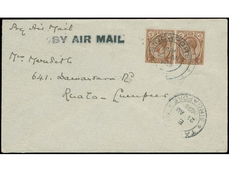 1926, First Airmail Flight Singapore - Kuala Lumpur, cover from "SINGAPORE 23 AU 1926" to Kuala Lumpur with adjacent straight
