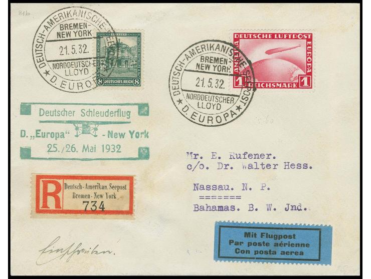 1932, "EUROPA"-New York 25.5., Seepostaufgabe vom 21.5., Einschreibe-Brief mit guter Frankatur und entsprechendem R-Zettel vi