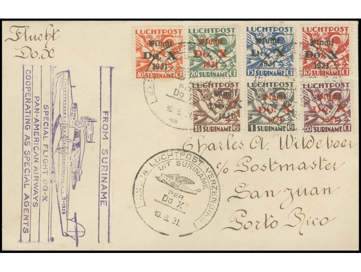 SURINAME: 1931, Do.X.-Aufdrucksatz kpl. mit Flugpoststempel vom 10.8.31" auf Brief nach San Juan, Porto Rico mit Ankunftsstem