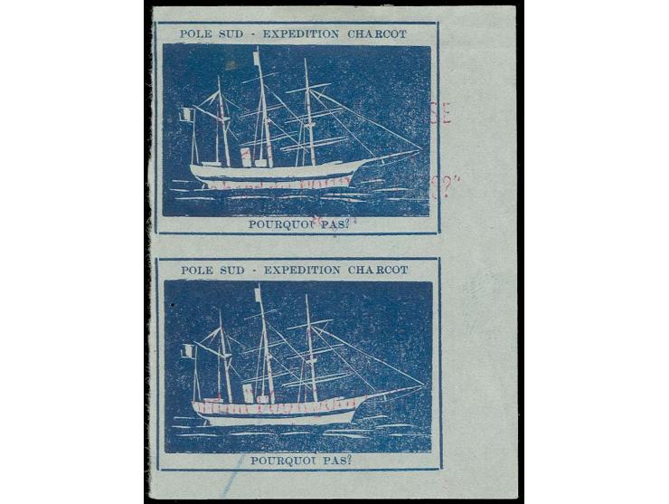 ANTARKTIS: 1908, "POLE SUD - EXPEDITION CHARCOT/POURQUI PAS?", blaue Vignette im senkrechten Paar mit rechten Rand, gebraucht
