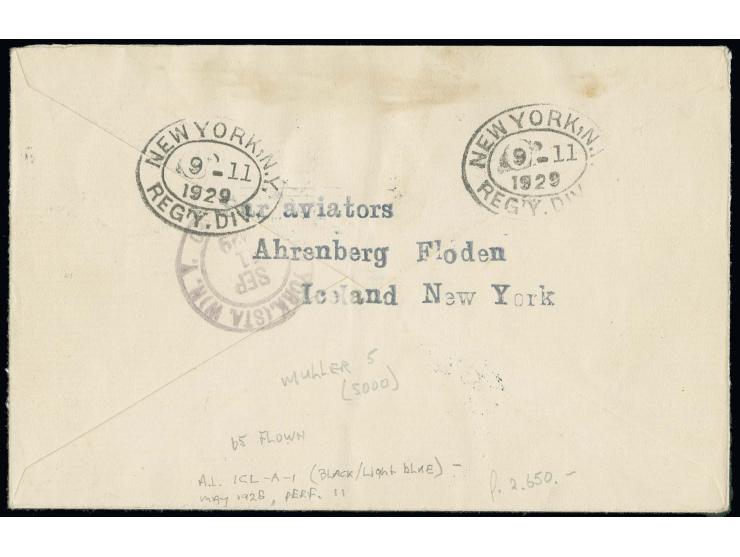 1929, Albin Ahrenberg's attempt to cross the Atlantic: registered cover from "RYKJAVIK -9.VI.29" to New York, special three l