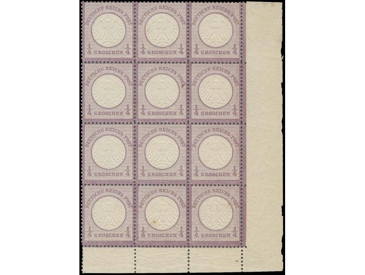 1872, Kleiner Schild ¼ Gr. violett im senkrechten 12er-Block aus der rechten unteren Bogenecke; sehr schön farbfrisch, besten