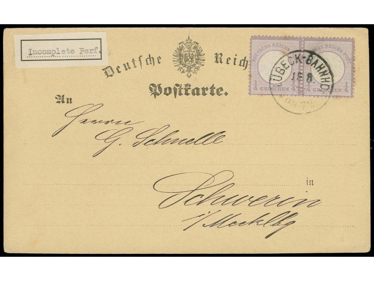 ¼ Gr. grauviolett im waagerechten Paar mit EKr. "LÜBECK-BAHNHOF 18 3 73" mit Zähnungsbesonderheit "Ausgefallenes Zähnungsloch