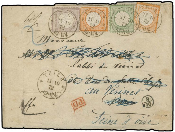  ¼ Gr. grauviolett, 1/3 Gr. gelblichgrün, ½ Gr. orange und Großer Schild ½ Gr. orange mit EKr. "TRIER 11 10 72" auf Streifban