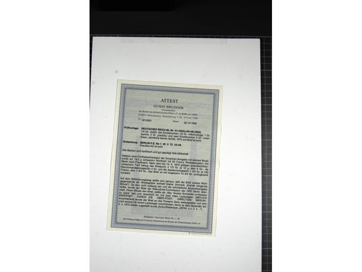  ¼ Gr. grauviolett, ½ r. rötlichorange (3), 1 Gr. karmin und 5 Gr. ockerbraun (2) mit Preußen-DKr. "BERLIN P.E. No. 1 25/3 72