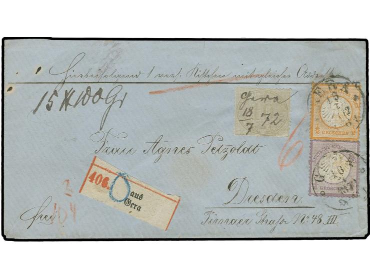 1 Gr. grauviolett und ½ Gr. orange in Mischfrankatur mit NDP 1869, 10 Gr. gelblichgrau mit T&T-EKr. "GERA" bzw. mit handschri
