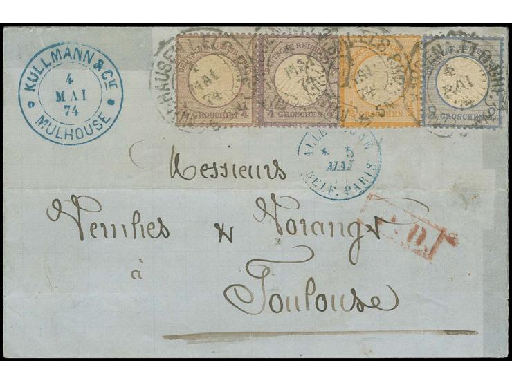  ¼ Gr. grauviolett und Großer Schild ¼ Gr. grauviolett, ½ Gr. orange und 2 Gr. grauultramarin mit Hufeisenstempel "MÜLHAUSEN 