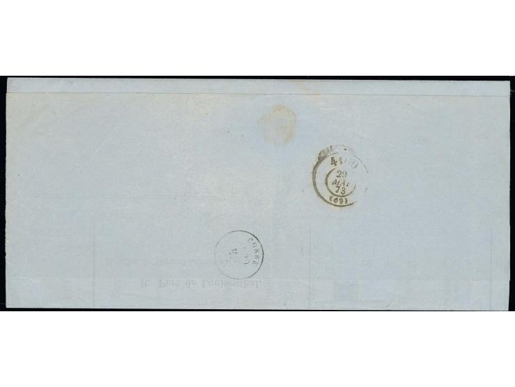  ¼ Gr. grauviolett und Großer Schild ½ Gr. orange mit klarem EKr. "SAARBRÜCKEN 28 5 73" auf Drucksachenfaltbrief nach Frankre