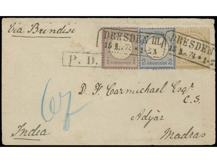 ¼ Gr. grauviolett und Großer Schild 2 Gr. grauultramarin und 5 Gr. ockerbraun mit Sachsen-Ra2 "DRESDEN III. / 15 1 74" auf Br