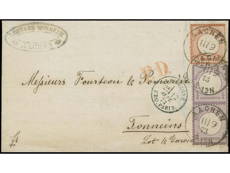 ¼ Gr. grauviolett im senkrechten Paar und Großer Schild 2½ Gr. rötlichbraun mit EKr. "AACHEN 11/9 73" auf Faltbrief nach Fra