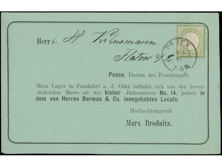 1/3 Gr. gelblichgrün mit Preußen-DKr. "POSEN 19 6 72" als Einzelfrankatur auf dekorativer grüner Vertreterkarte, Pracht, Kurz