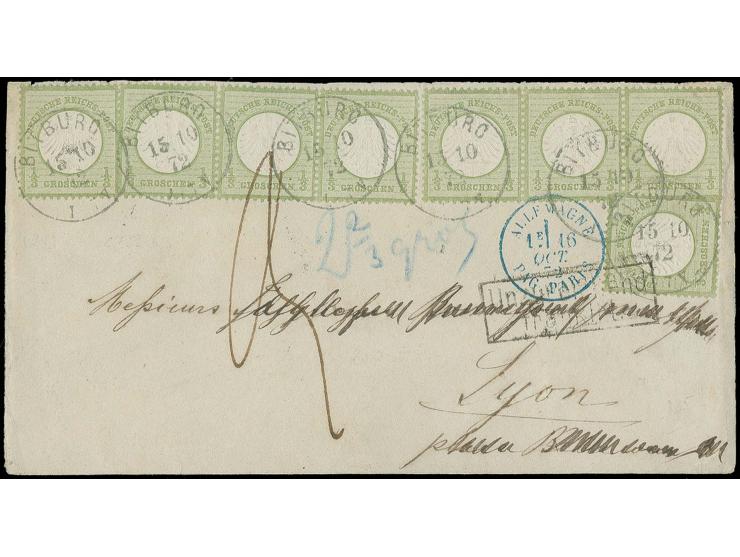  1/3 Gr. gelblichgrün, 2 waagerechte 3er-Streifen und 2 Einzelmarken mit EKr. "BITBURG 15 10 72" auf unzureichend frankiertem
