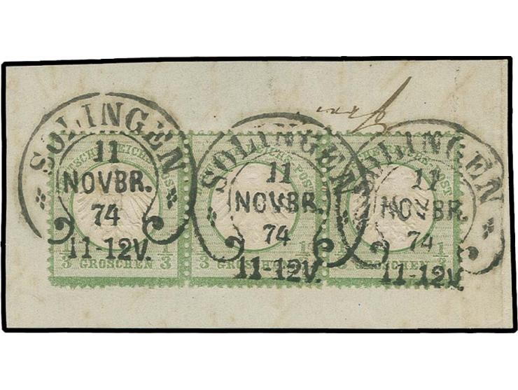 1/3 Gr. dunkelgraugrün im waagerechten 3er-Streifen mit Hufeisenstempel "SOLINGEN 11 NOVBR. 74" (Spalink-Nr. 34-3) auf Briefs