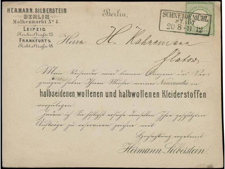 1/3 Gr. dunkelgrün mit Preußen-Ra3 "SCHNEIDEMÜHL / STADT / 20 8" mit allseits guter rauher Zähnung auf Besucher-Avis nach Fla