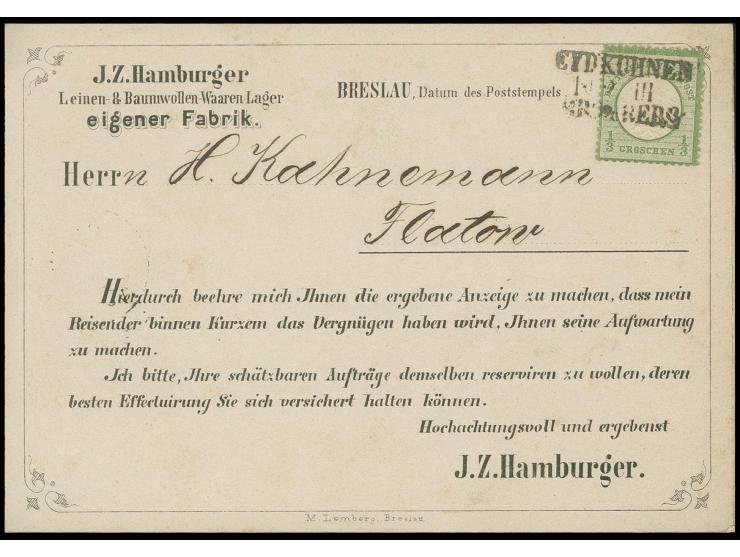 1/3 Gr. dunkelgrün mit Bahnpoststreckenstempel "EYDKUHNEN / 10 2 III / BROMBERG" auf dekorativem Besucher-Avis nach Flatow, P