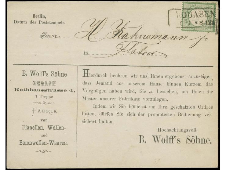 1/3 Gr. dunkelgrün mit Preußen-Ra2 "ROGASEN / 3 1" auf Besucher-Avis nach Flatow, Pracht, Befund Sommer BPP