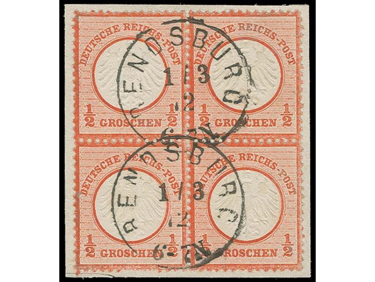 ½ Gr. rötlichkarmin im 4er-Block mit zweimal klar aufgesetztem EKr. "RENDSBURG 1/3 72" auf Briefstück, Kabinett, Fotoattest H