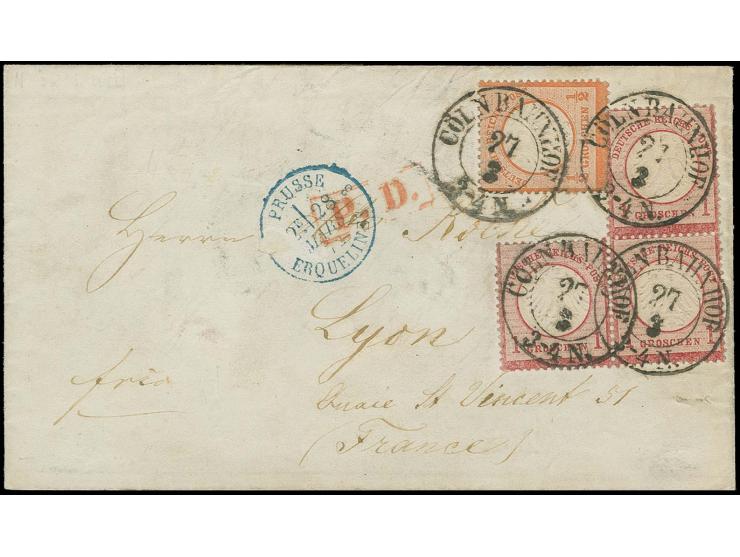  ½ Gr. rötlichorange und 1 Gr. karmin im sesselförmigen 3er-Block mit Preußen-DKr. "CÖLN BAHNHOF 27 3" (1872) auf Faltbrief n