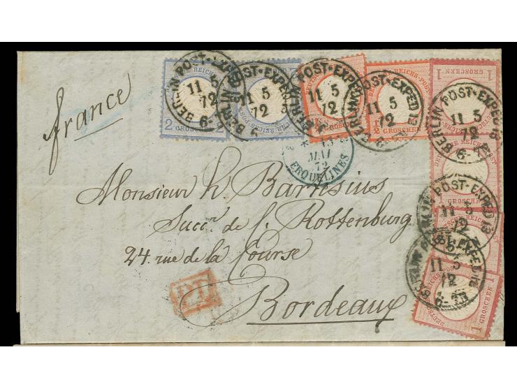  ½ Gr. rötlichorange (2), 1 Gr. rötlichkarmin (4) und 2 Gr. grauultramarin (2) mit EKr. "BERLIN POST-EXPED 13 11 5 72" auf Fa