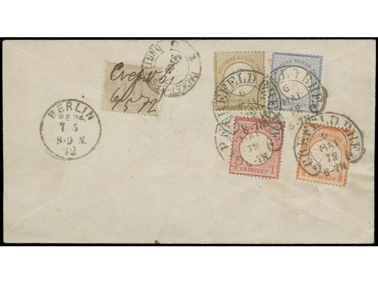 ½ Gr. rötlichorange, 1 Gr. karmin, 2 Gr. grauultramarin und 5 Gr. ockerbraun in Mischfrankatur mit NDP 1869, 10 Gr. gelblichg