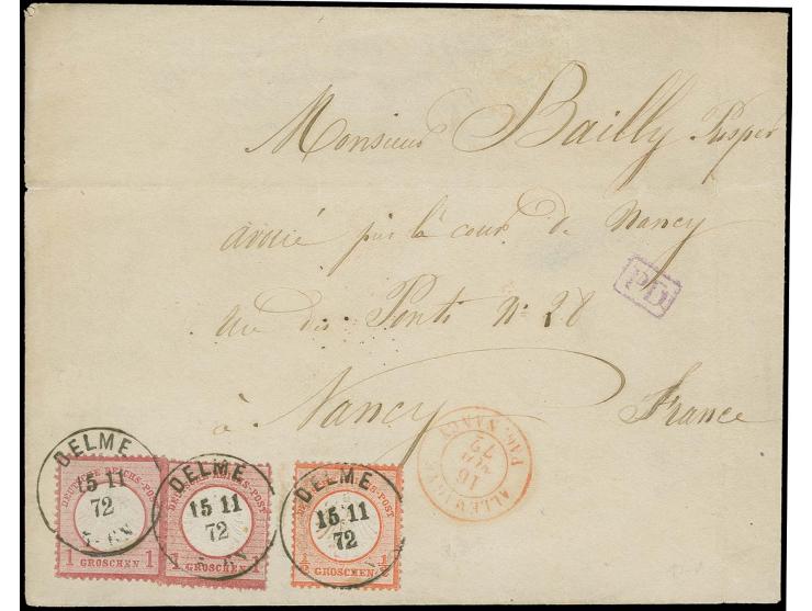  ½ Gr. rötlichorange, 1 Gr. karmin und Großer Schild 1 Gr. karmin mit EKr. "DELME 15 11 72" zusammen auf Brief nach Nancy, se