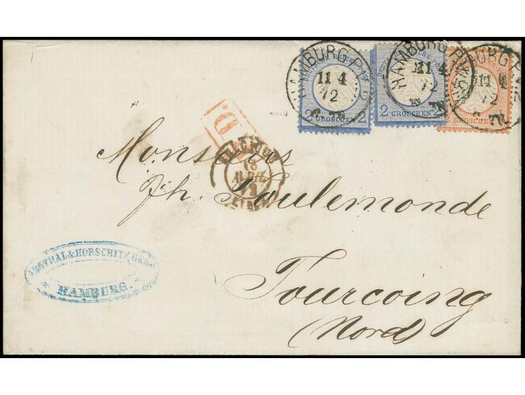  ½ Gr. rötlichorange und 2 Gr. ultramarin (2) mit EKr. "HAMBURG P.V. 2. 11 4 72" auf Faltbrief nach Tourcoing (Frankreich) mi