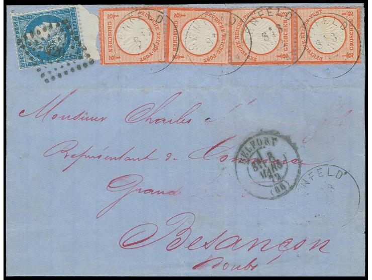  ½ Gr. rötlichorange im senkrechten Paar und 2 Einzelmarken mit EKr. "BENFELD 8/3 72" in Doppelfrankatur mit Frankreich 1871,
