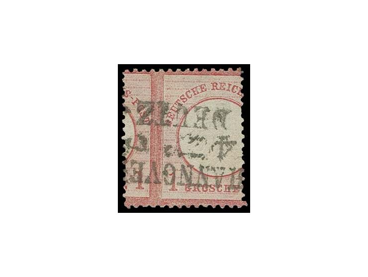 1 Gr. rötlichkarmin mit stark vertikaler Verzähnung (verläuft ca. 5,5 mm nach links versetzt durch das Markenbild, so dass di