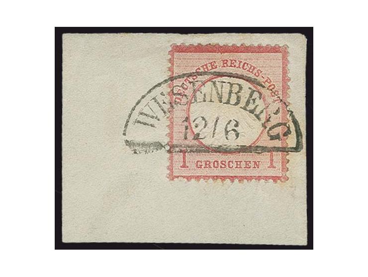 1 Gr. karmin mit Mecklenburg-Strelitz-Halbkreisstempel "WESENBERG" auf Briefstück, Pracht