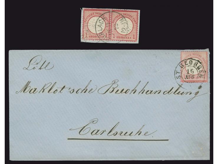 1 Gr. rötlichkarmin mit Baden-DKr. "ST. GEORGEN 16 AUG" auf Brief nach Karlsruhe, seltene Verwendung einer Groschen-Marke im 