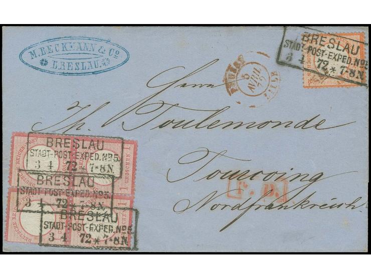  1 Gr. karmin im 4er-Block und ½ Gr. rötlichorange mit Ra3 "BRESLAU / STADT-POST-EXPED. No. 5 / 3 4 72" auf Faltbrief nach Fr