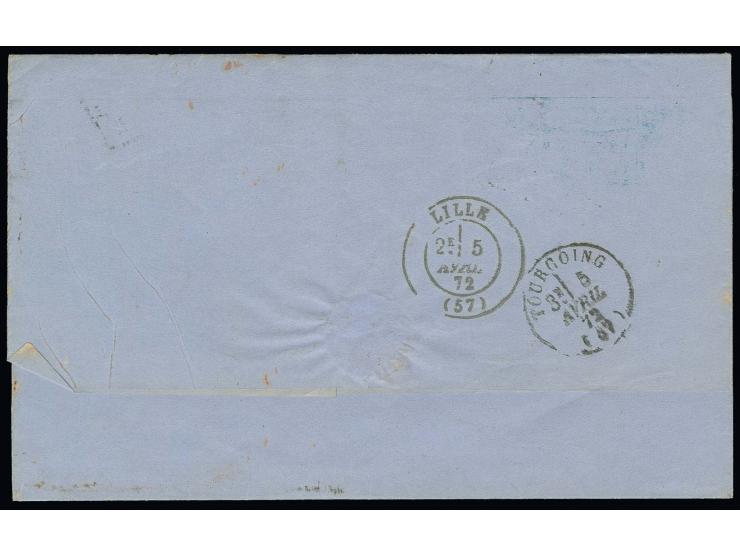  1 Gr. karmin im 4er-Block und ½ Gr. rötlichorange mit Ra3 "BRESLAU / STADT-POST-EXPED. No. 5 / 3 4 72" auf Faltbrief nach Fr