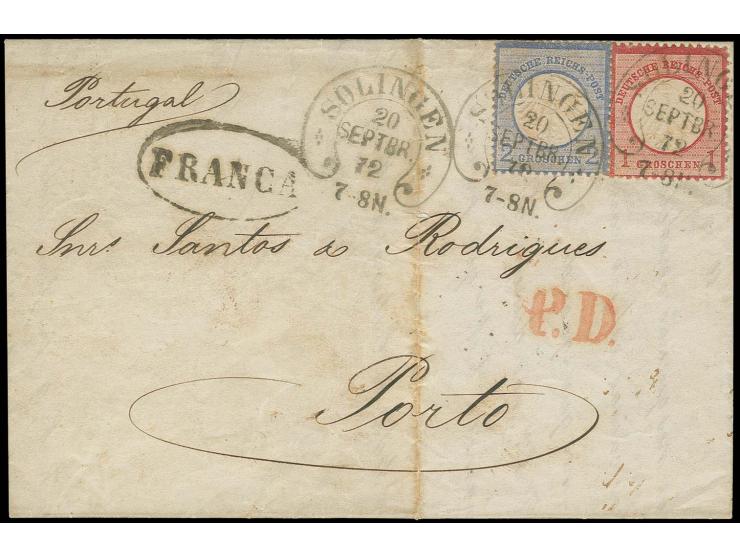 1 Gr. karmin und 2 Gr. grauultramarin mit Hufeisenstempel "SOLINGEN 20 SEPTBR. 72" (Spalink-Nr. 34-3) auf Faltbrief nach Port